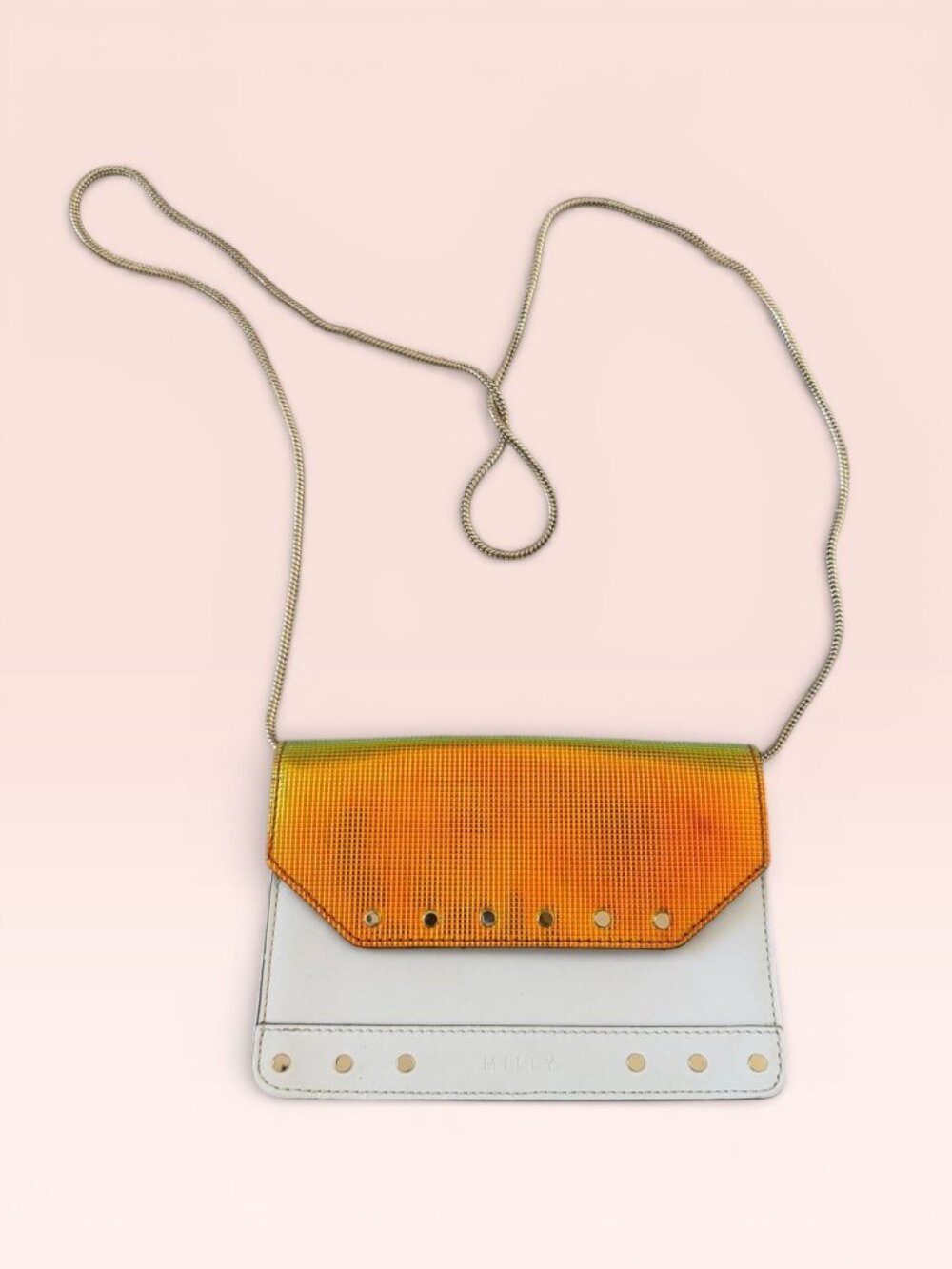 MILLY Hologram White Leather Studded Chain Crossbody Bag